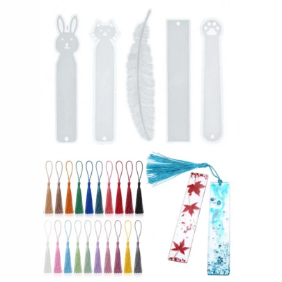 5pcs DIY Resin Bookmark Mold Kit, Includes 20pcs Random Color Tassels - Silicone Epoxy Resin Casting Mold, Can Make Rabbit, Cat, Feather And Rectangle Shapes - Great For Handmade Crafts