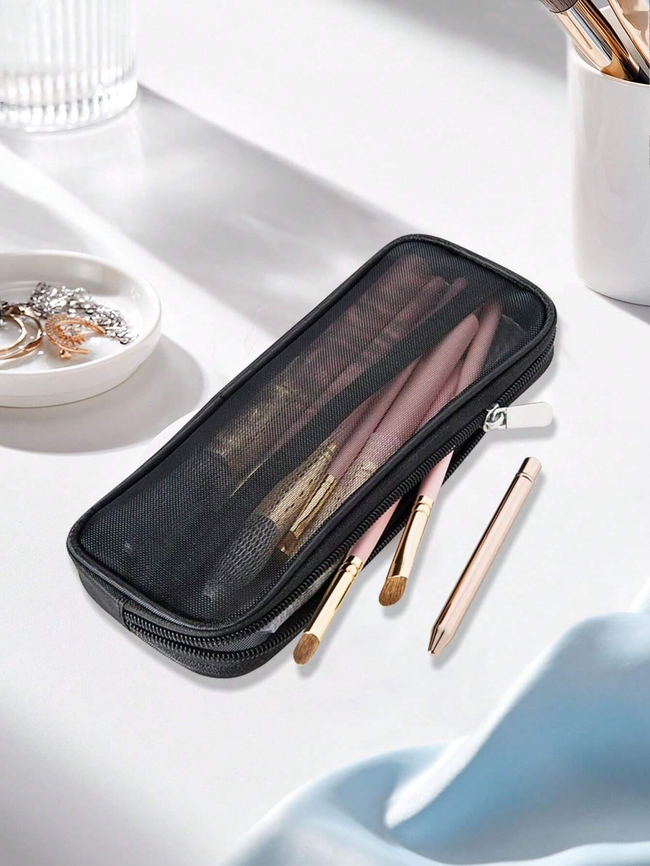 1 pezzo Custodia per pennelli trucco in rete semplice, borsa per conservazione pennelli cosmetici, porta cosmetici da viaggio in rete, organizer per trucchi, nero, borsa per articoli da toeletta, organizer per trucchi moderno e portatile da viaggio, regalo natalizio e per il ritorno a scuola - Multicolore - Visualizzare 1