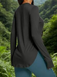 1pc Women's Outdoor Training, Running, Hiking, Walking, Minimalist Side Slit Fitness Long Sleeve Top, Yoga Wear, All Season - Black - View 5