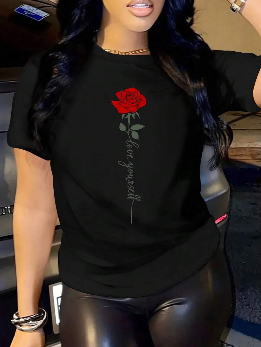 Summer Casual Short Sleeve T-Shirt With Round Neck Love Yourself Graphic Tees Women Tops - màu đen - Xem 1