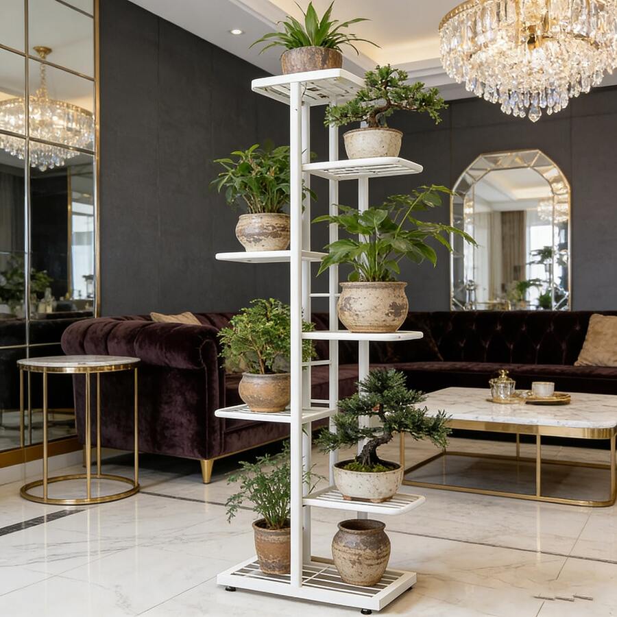 1-Piece 7/6/5/4-Tier Metal Plant Stand - Versatile Indoor/Outdoor Display Rack For Flower Pots, Modern Home Decor, And Gardening Storage. Perfectly Fits Balconies, Corners, Bathrooms, And Living Room Decor. Available In Multiple Colors. Ideal For Home Decor With Artificial Plants, Plant Stands, And Flower Baskets-An Essential Home Storage Solution. Latest Upgraded Flower Stand/Storage Rack/Display Shelving Unit. Versatile Frame Seamlessly Integrates Into Living Rooms, Entryways, Offices, Or Outdoor Patios And Gardens. - 白色/7層 - 查看 1