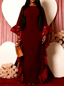 Women's Christmas Velvet Maxi Dress Long Sleeve Ruffle Mermaid Cocktail Wedding Guest Gown - 紅色 - 查看 7