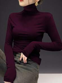 2024新款女士高领打底衫，时尚叠穿单品，长袖，黑色，薄款，适合春、秋、冬休闲穿着 - 酒紅色 - 查看 4