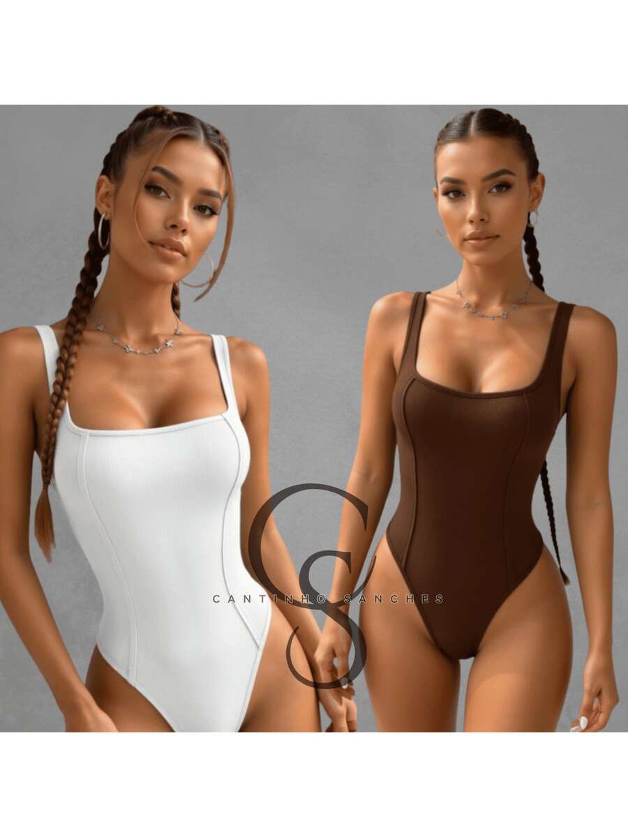 Kit Of 2 Women's Tank Top Bodysuits With Square Neckline And Ribbed Trim, Premium Fashion Bodysuit - 白色 棕色 - 查看 1