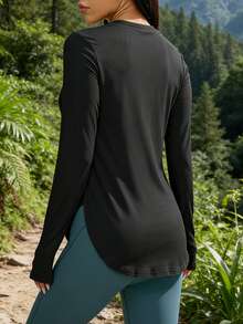 1pc Women's Outdoor Training, Running, Hiking, Walking, Minimalist Side Slit Fitness Long Sleeve Top, Yoga Wear, All Season - Black - View 3