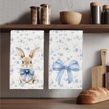 2 piezas Paños de cocina diarios simples con estampado de conejo de flores azules, material de poliéster suave, adecuados para decoración de cocina, limpieza, decoración de fiestas, artículos esenciales de cocina y baño, decoración del hogar, regalo de inauguración de la casa - Multicolor - Ver 1
