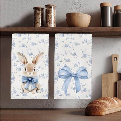 2 piezas Toallas de cocina con estampado de conejo y flores azules de estilo minimalista para Pascua, de material suave de poliéster, adecuadas para decoración de cocina, limpieza, decoración de fiesta festiva, artículos esenciales de cocina y baño, decoración del hogar, regalo de inauguración de casa