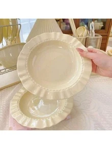 1/2/5pcs Cream Lace Plates, PP Material Household Dinner Plates, Cream-Style Straw Hat Plates, Suitable For Family Daily Use, Gatherings, And Parties - Milky White - View 5