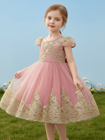 女童闪亮网纱蓬蓬裙，多层蓬松薄纱裙，带亮片点缀，生日公主裙