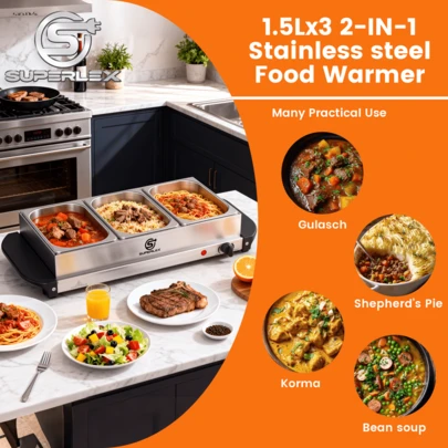 SUPERLEX Three-Compartment Restaurant Food Warmer, Stainless Steel Catering Food Warming Plate | Household Stainless Steel Heat-Preserving Hot Pot And Buffet Food Heater | Lidded Restaurant Buffet Food Warmer | Food Heater | Food Warming Tray Suitable For Catering, Parties And Weddings, For Cooking Only | Buffet Food Heater, Thick Gold-Plated Stainless Steel Hotel Buffet Food Warmer, Restaurant Dining Food Heater, Square Hotel Buffet Food Warmer, Food Storage Box