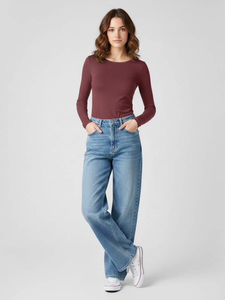 Roly 1 件女式長袖 T 卹(48 小時內發貨)- 各種尺寸 - 漿果紅 - 無側縫的管狀面料,半貼身,4 層圓領,頸部和肩部加固包縫,無袖口,適合日常使用,基本款 T 卹,耐用款 T 卹,舒適款 T 卹,長袖 T 卹 - 莓果紅 - 查看 1