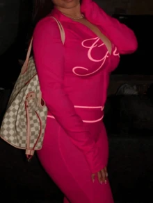 FQLWL Women's Casual Street Style Tracksuit, Printed Zip-Up Hoodie And Pants Set, Long Sleeve 2-Piece Outfit - Hot Pink - View 2