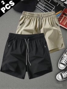 2pcs Men's Drawstring Waist Sports Shorts With Zipper Pockets - Khaki - View 18