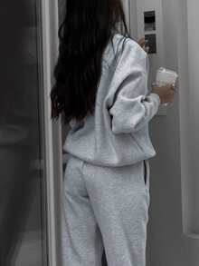女士纯色落肩长袖拉链半开襟连帽衫和裤子休闲两件套 - 灰色 - 查看 7