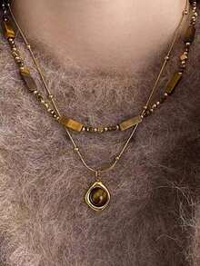 Conjunto de colar e colar vintage com contas de aço inoxidável na cor malaquita e pedra olho de gato. Ideal para uso diário, festas e eventos noturnos. Ótimo para presentear namorada, amiga ou no Dia dos Namorados. - Ouro amarelo - Ver 8