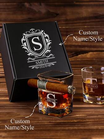 Personligt namngivet cigarrglasset med whisky (med presentask), vintage whiskyglas med cigarrhållare, anpassningsbart namngivet whiskyglas, 300 ml anpassat whiskyglas, anpassningsbart namnglas, kristallglas med whisky (lämpligt för cocktails, skotsk whisky, bourbonwhisky), present till förlovaren