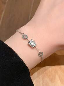 2/1 Piece New High-Quality Roman Numeral Zirconia Stainless Steel Bracelet, Bangle, Jewelry Set, Accessories Set, Suitable For Women's Delicate Wrists, Stackable, Lightweight Luxury, Unique Exquisite, Adorned With Rhinestones, Fashionable Design, Versatile Colors, Durable, Non-Fading, Perfect Daily Wear For Women - Silver - View 4