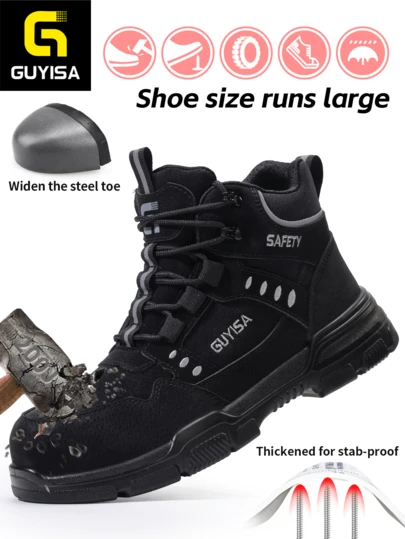 GUYISA 黑色高帮钢头安全鞋，防压防刺，耐磨实心鞋底保护脚趾，系带款式，适合女性四季穿着的工作鞋（尺码偏大，请选购小一码）