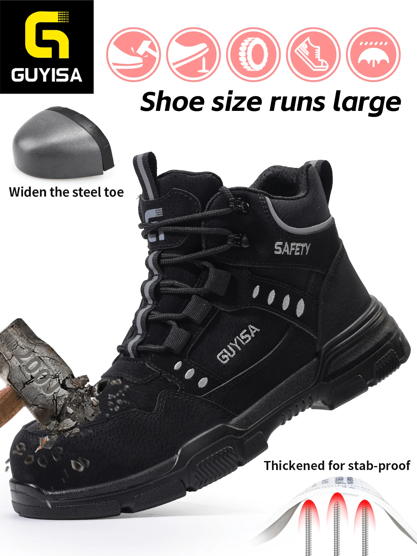 GUYISA Black High-Top Steel Toe Safety Shoes, Anti-Crush And Anti-Puncture, Wear-Resistant Solid Bottom To Protect Toes, Lace-Up Style Suitable For Women All Seasons Work Shoes (Size Runs Large, Please Order One Size Down) - Black - View 1