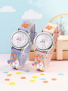 1只彩色创意独角兽图案石英手表，TPU表带，电池供电，是送给女孩的理想生日礼物 - 彩色 - 查看 1