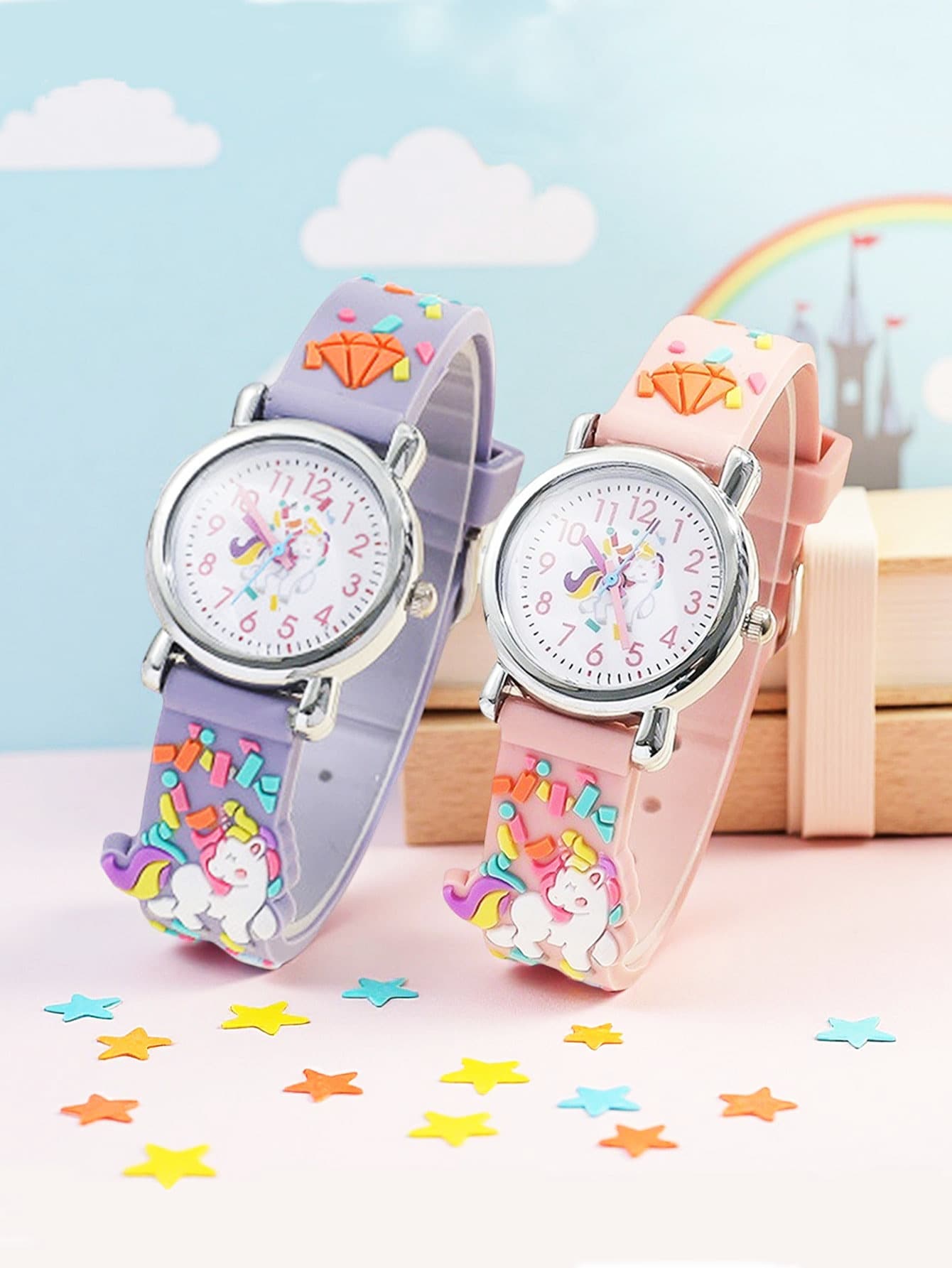 1只彩色创意独角兽图案石英手表，TPU表带，电池供电，是送给女孩的理想生日礼物 - 彩色 - 查看 1