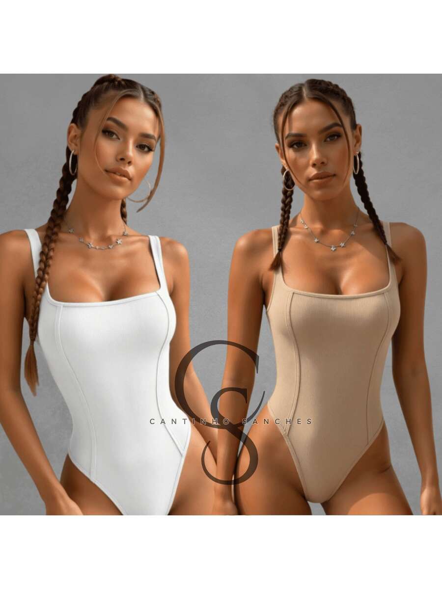 Kit Of 2 Women's Tank Top Bodysuits With Square Neckline And Ribbed Trim, Premium Fashion Bodysuit - 裸白色 - 查看 1