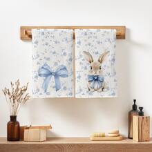 2 piezas Paños de cocina diarios simples con estampado de conejo de flores azules, material de poliéster suave, adecuados para decoración de cocina, limpieza, decoración de fiestas, artículos esenciales de cocina y baño, decoración del hogar, regalo de inauguración de la casa - Multicolor - Ver 2