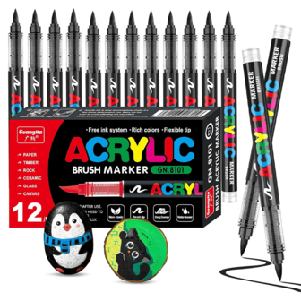 GuangNa 12pcs Set Of Single-Colour Liquid Acrylic Paint Pens With Straight Brush Tips, Suitable For Rock Painting, Canvas, Tyres, Wood, Metal, Plastic, Fabric, Glass, Ceramics, And DIY Crafts. Quick-Drying Water-Based Marker Set, Comprising 288 Colours In Total.