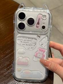 DIY Cute Funny Bear Snowman Tree Illustration Stickers Transparent Phone Case Compatible With IPhone 17 Pro Max 17 Pro 17 16 Pro Max 16 Pro 16 15 Pro Max 15 Pro 15 14 Pro Max 14 Pro 13 Pro Max 12 Pro 12 11 Girl Creative Cat Ears Clear Shockproof Cover