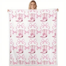 1pc Cozy Bowknot Print Flannel Blanket - Soft, Vintage-Inspired Design With Pink Bows On White, All-Season Comfort For Home, Office, Camping & Travel, Machine Washable, Perfect For Halloween & Christmas Decor, Travel Accessory |   Playful Pattern |   Soft Texture, Blanket For Bed - 多色38 - 查看 16