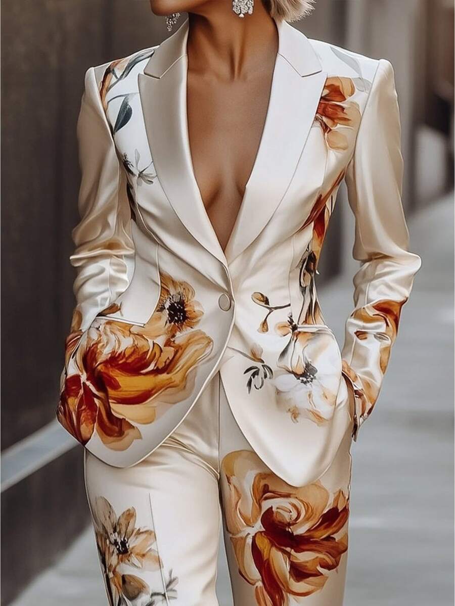 Polished, Slim, Fashion, Warm, , Neutral, Comfy. Winter. Home, Sleep.  Elegant Floral Blazer And Pants Set - 米色 - 查看 1
