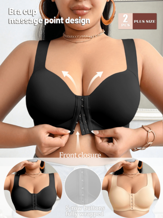 LRNG XMNG EA 2pcs Plus Size Front Closure Women's Bras, Comfortable & Sexy Front Closure Bras For Daily Wear, Solid Color Without Side Bulge