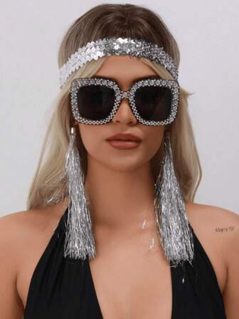 3pcs Disco 70s/80s Glitter Party Outfit Set: Sequin Headband + Rhinestone Sunglasses + Tassel Clip-On Earrings, Suitable For Cosplay, Halloween Party, Daily Gathering, 70s/80s Disco Party