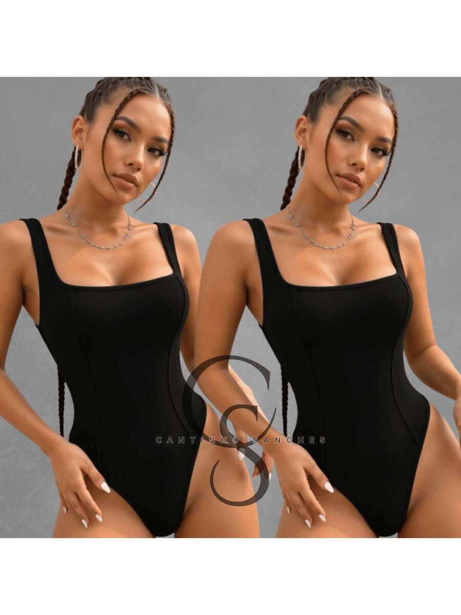 Kit Of 2 Women's Tank Top Bodysuits With Square Neckline And Ribbed Trim, Premium Fashion Bodysuit - 黑色 黑色 - 查看 1