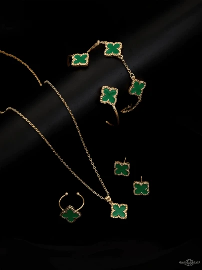 6pcs/Set: 1pc Necklace, 1pc Bracelet, 1pc Earring, 1pair Ring, 1pc Lucky Flower Necklace, Gold Earrings, Gold Ring, Gold Necklace, Gold Bracelet, Gold Bangle, Jewelry Set For Girls, Suitable For Back To School, Gatherings, Holidays