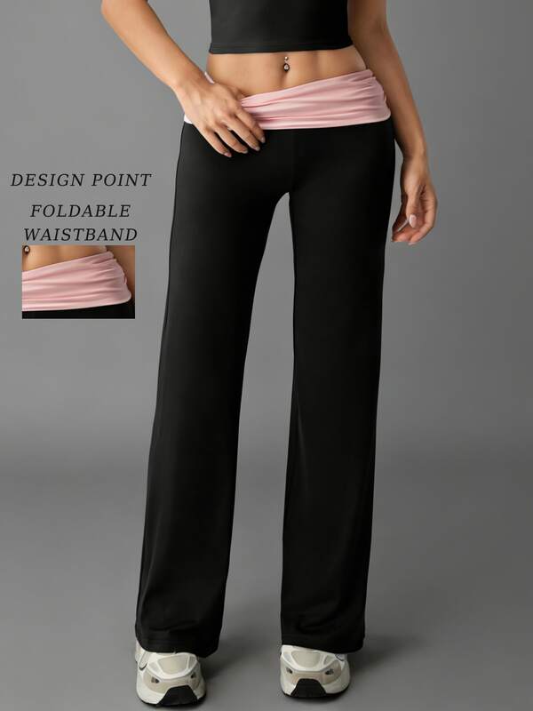 1 pieza Pantalón de yoga de cintura alta con empalme y color contrastante para mujer, adecuado para ejercicio diario, correr, yoga, pierna recta