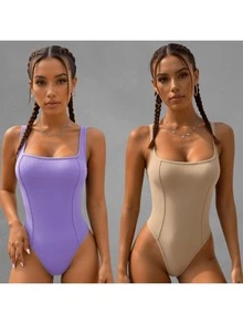 Kit Of 2 Women's Tank Top Bodysuits With Square Neckline And Ribbed Trim, Premium Fashion Bodysuit - NUDE LILAC - View 1