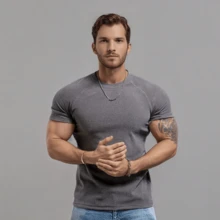 Camiseta ajustada de cuello alto de colores sólidos para hombres de gimnasio, estilo urbano - Gris Oscuro - Ver 4