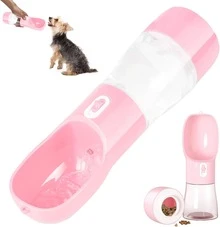 2-In-1 Dog Water Bottle, Protable Dog Cat Water Bottle For Walking/Hiking/Travel, Pets Outdoor Drinking & Feeding Dispenser (Pink) - 粉色 - 查看 1