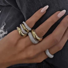 VKHK 2pcs/Set Luxurious Gold-Plated Copper Cubic Zirconia Decorated Ring Set, Suitable For Women Wedding Wear And Gifts - 2-piece Diamond Ring Set - View 7