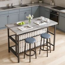 3 Pieces Kitchen Island Set With 2 Bar Stools, Modern & Contemporary Style Dining Room Table And Chairs Set With 2-Tier Storage Shelves, Counter Height Bar Table Set For 2, 3 PCS Kitchen Table Set With 2 Chairs For Kitchen, Dining Room, Restaurant - Màu xám phong hóa - Xem 3