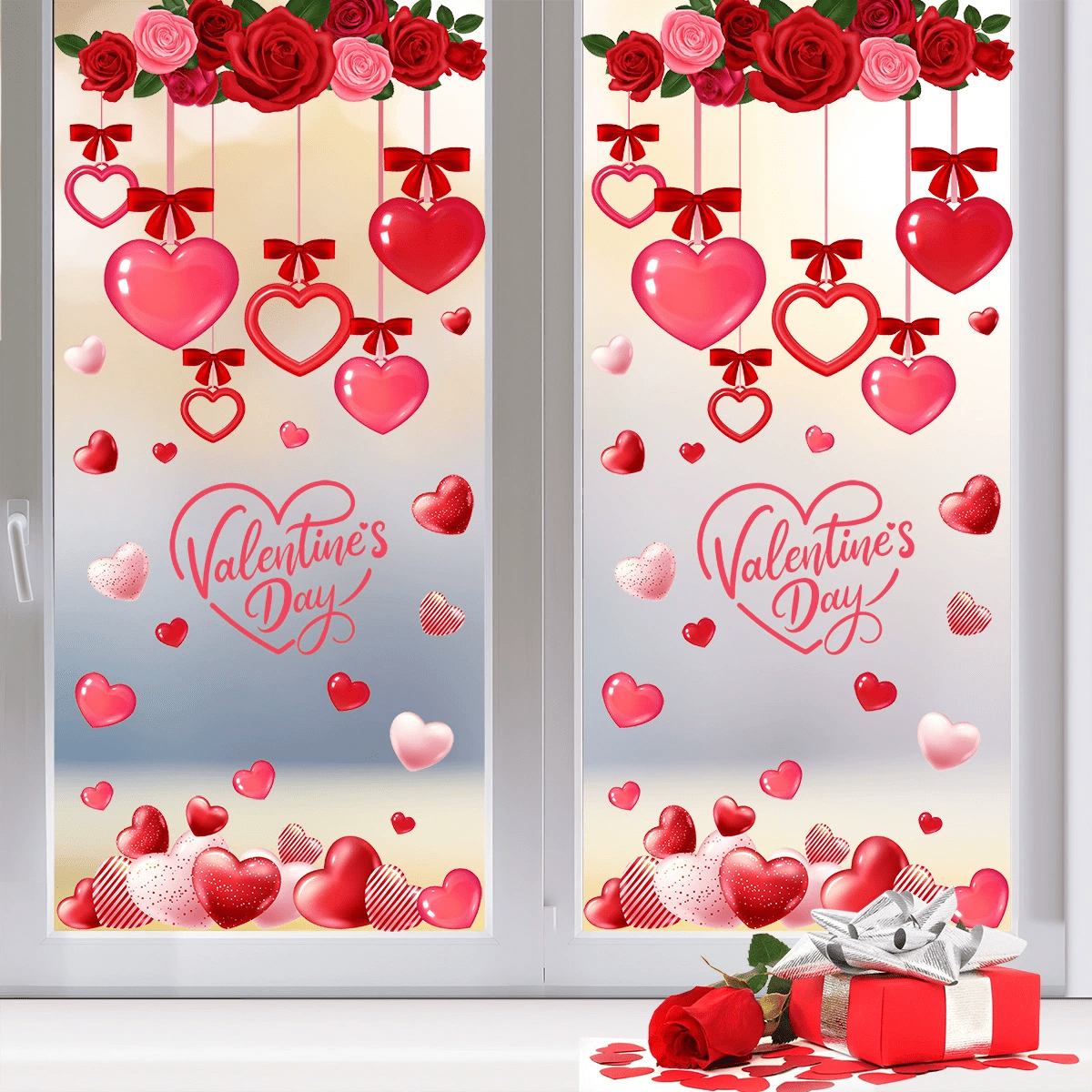 1pc Rose Flower & Heart Glass Window Sticker, Romantic Anniversary Wedding Wall Decal, Holiday Party Atmosphere Decor Static Cling Sticker, Suitable For Home, Store, Window Display - Multicolor - View 6