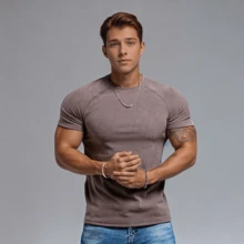 Gym Men's Muscle Slim Fit T Shirt Streetwear Solid Colors High Neck - màu nâu - Xem 3