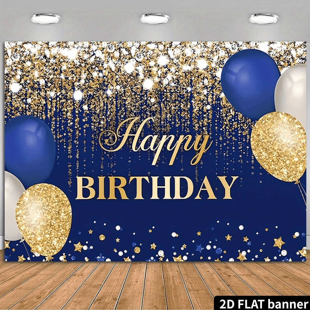 Phông nền sinh nhật 2D màu xanh dương và vàng sang trọng với các chấm vàng lấp lánh, kim cương và bóng bay, trang trí tiệc 2D bằng polyester phù hợp cho tiệc sinh nhật lần thứ 16, dùng làm banner bàn bánh, đạo cụ chụp ảnh. - Màu xanh lam - Xem 1