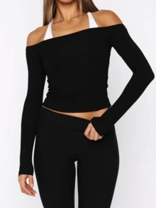 Long Sleeve Shirts For Women Fall Boat Neck Ribbed Knit Ruched Slim Fitted Going Out Tops Casual Solid Color Basic Tees Yoga Gym Workout Shirt Top - 黑色 - 查看 2