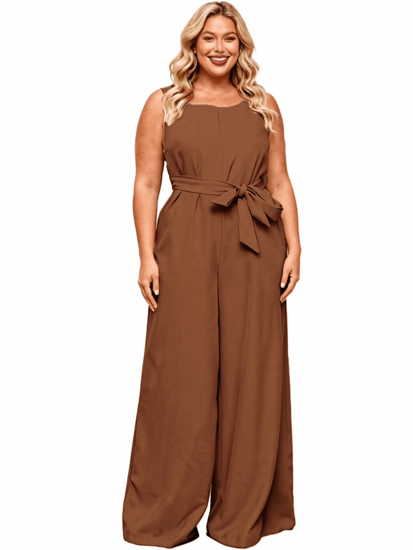 YOUR SHOP Jumpsuit Wide Leg Pants Available In Sizes G1 G2 G3 Elegant Linen Wide Legs And Discreet Pockets With Pocket And Belt - 咖啡棕 - 查看 1
