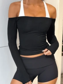 Long Sleeve Shirts For Women Fall Boat Neck Ribbed Knit Ruched Slim Fitted Going Out Tops Casual Solid Color Basic Tees Yoga Gym Workout Shirt Top - 黑色 - 查看 1