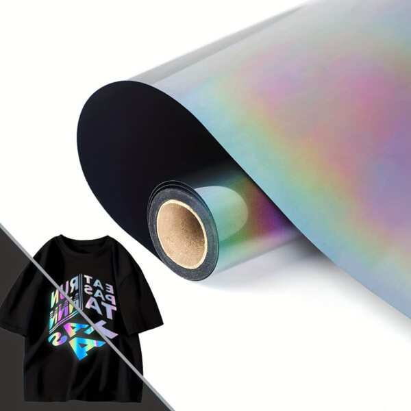 Rolo de Vinil Reflexivo Arco-Íris para Transferência de Calor, Adequado para Camisetas DIY - Elástico, À Prova d'Água, Lavável na Máquina, Fácil de Cortar, Passar a Ferro em Tecidos
