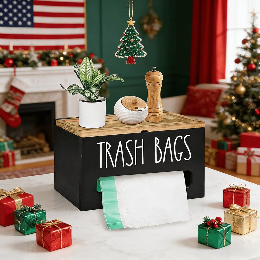 Farmhouse Wooden Grocery Bag Holder And Dispenser, Wall Mounted Plastic Bag Holder And Dispenser With Extra-Wide & Easy-Access Openings, Garbage Bag Dispenser Anti-Fingerprint Rustic Finish Bags Saver - màu đen - Xem 1