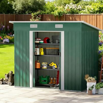 Cobertizo de Almacenamiento Exterior Metálico con Puerta Simple, Ventana de Ventilación Cerradura,  238x131x181cm, para Almacenamiento de Herramientas de Jardín, Patio y Trasero